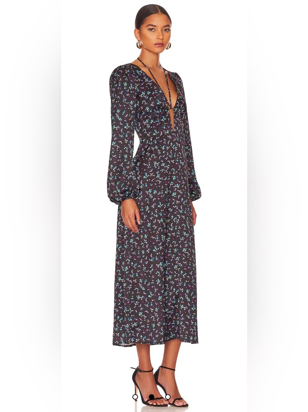 AFRM Portia Floral Satin Midi Dress Black Multicolor Long Sleeve Halter NWT M - Picture 2 of 9